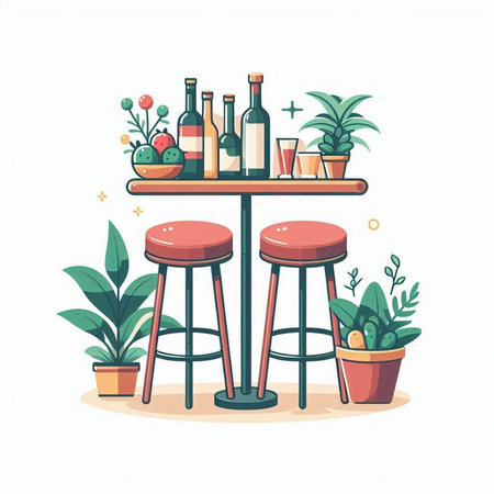 Vector illustration of a bar counter with bottles of wine and plants.のイラスト素材