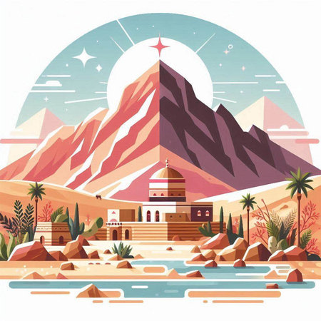 Egypt. Landscape with pyramids, palms and mountains. Vector illustrationのイラスト素材