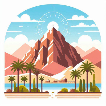 Mountains and palm trees. Vector illustration in a flat style.のイラスト素材