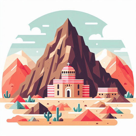 Egyptian temple in mountains. Vector illustration in flat cartoon style.のイラスト素材