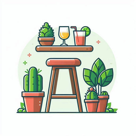 Cacti and potted plants on a bar counter. Vector illustrationのイラスト素材