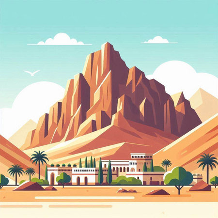 Egyptian Landscape with Temple and Mountains. Vector Illustration.のイラスト素材