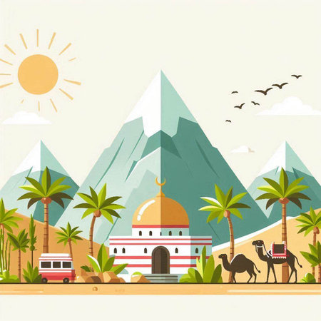 Camel caravan in the desert with mountains and mosque, vector illustrationのイラスト素材