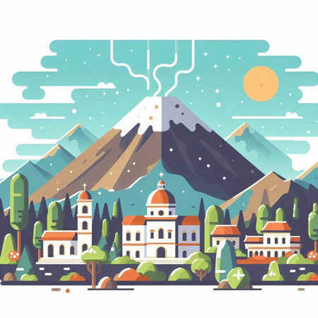 Mountain landscape with church. Vector illustration in flat design style.のイラスト素材