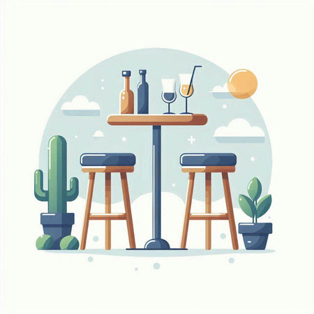 Restaurant vector illustration in flat design style. Bar table and chairs, cacti and sun.のイラスト素材