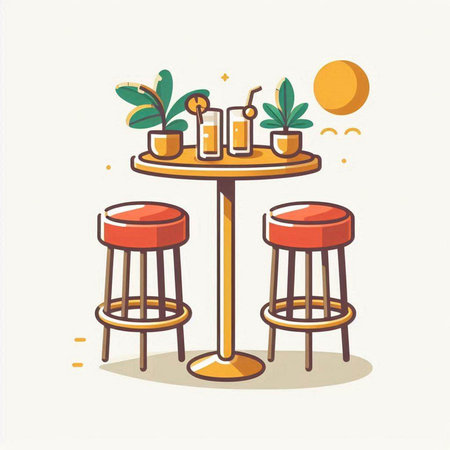 Cafe table with chairs and drinks. Vector illustration in flat styleのイラスト素材