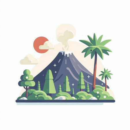Volcano and palm trees in flat style. Vector illustration on white background.のイラスト素材