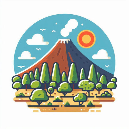 Volcano in the flat style. Landscape with mountains and trees.のイラスト素材