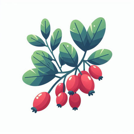 Rosehip branch with berries and leaves isolated on white background. Vector illustration.のイラスト素材