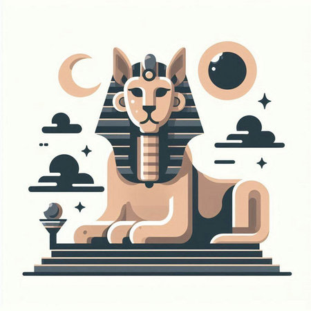 Egyptian Sphinx with moon and clouds. Vector illustration in flat styleのイラスト素材