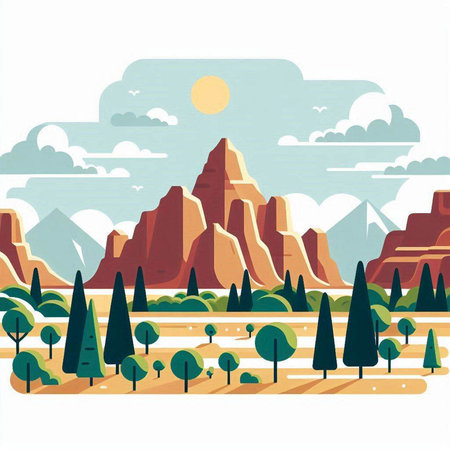Desert landscape with mountains, trees and sky. Vector illustration.のイラスト素材