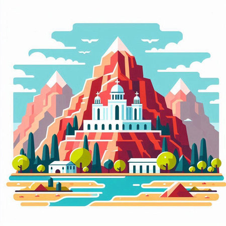 Landscape with mountains and temples in flat style. Vector illustration.のイラスト素材