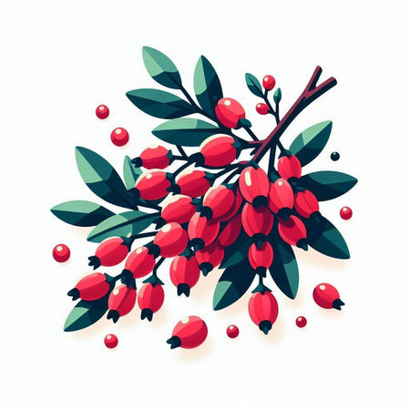 Hand drawn rosehip branch with berries and leaves. Vector illustration.のイラスト素材