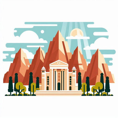 Mountain landscape with a church. Vector illustration in flat style.のイラスト素材