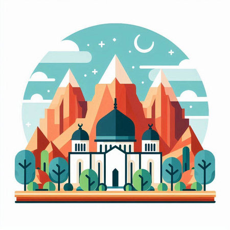 Mosque on the background of the mountains. Flat vector illustration.のイラスト素材