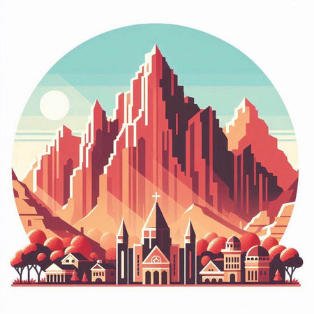 City landscape with buildings and trees in retro style. Vector illustration.のイラスト素材