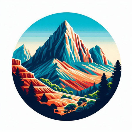Mountains and trees in the blue circle. Illustration on white background.のイラスト素材