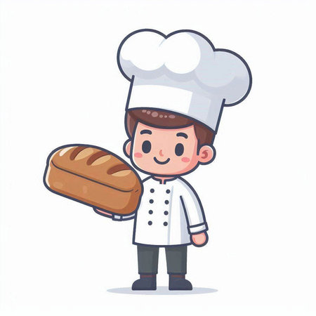 Cute little chef holding bread. Vector illustration in cartoon style.のイラスト素材