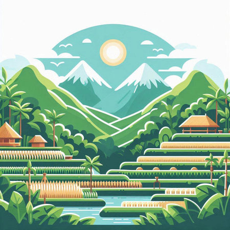 Tropical landscape with palm trees, mountains and river. Vector illustration.のイラスト素材