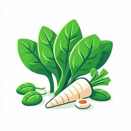 Illustration of a carrot with leaves and a pill on a white backgroundのイラスト素材