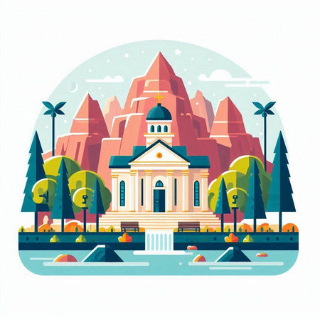 Flat style vector illustration of a beautiful church in the middle of the forest.のイラスト素材