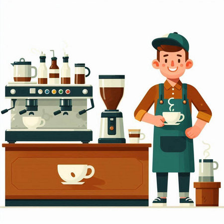 Barista in apron making coffee. Vector illustration in cartoon styleのイラスト素材