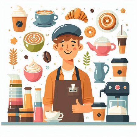 Coffee shop, cafe, barista. Vector illustration in flat styleのイラスト素材