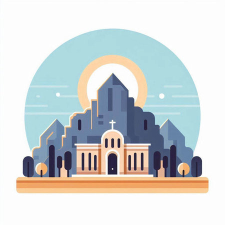 Vector illustration of a church in the middle of the city. Flat style.のイラスト素材