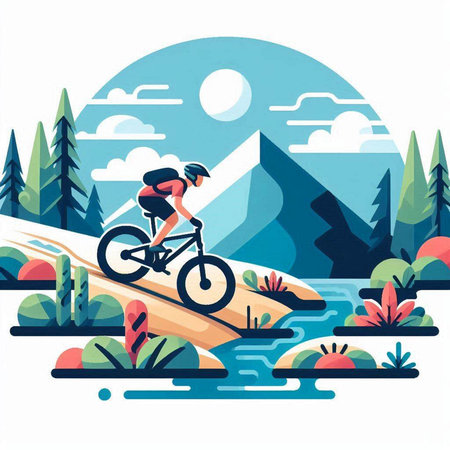 Cyclist Riding a Bike on the Mountain River. Flat Vector Illustrationのイラスト素材