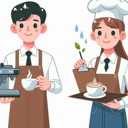 Illustration of a Male and Female Chef Holding a Cup of Coffeeのイラスト素材