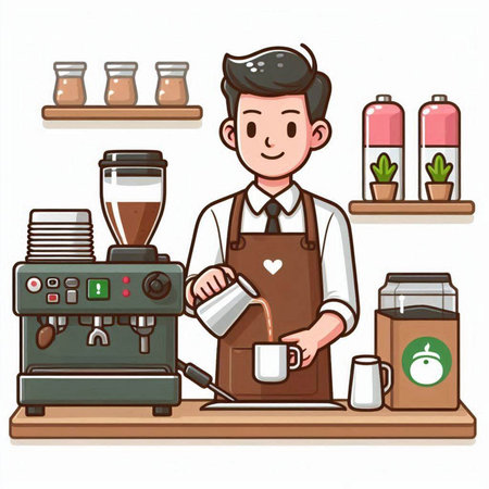 Coffee shop with barista and coffee machine. Vector illustration.のイラスト素材
