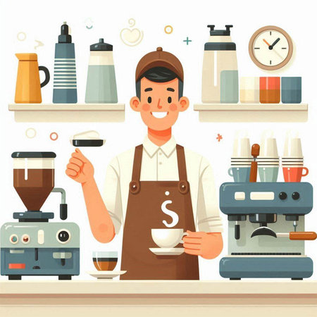 Coffee shop. Barista making cup of coffee. Vector illustrationのイラスト素材