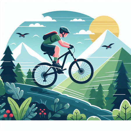 Mountain biker in the mountains. Vector illustration in flat styleのイラスト素材