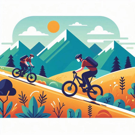 Bicyclist riding on the road in the mountains, vector illustrationのイラスト素材