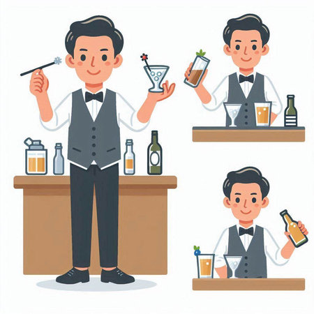 Bartender barman character. Vector illustration in cartoon style.のイラスト素材