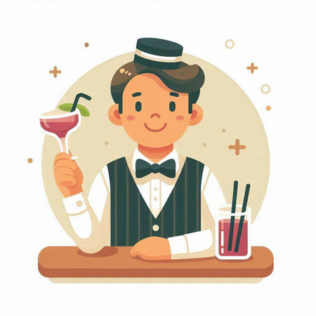 Bartender holding a cocktail in his hand. Vector illustration.のイラスト素材