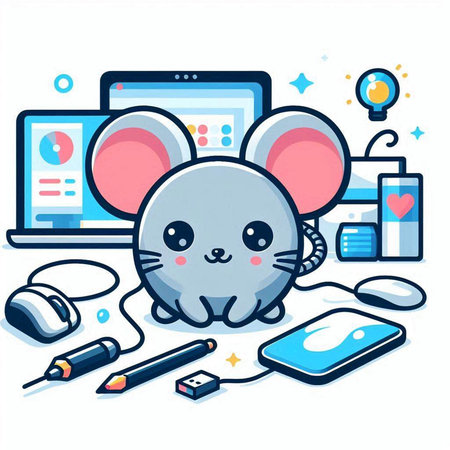 Mouse working on a laptop. Vector illustration in a flat style.のイラスト素材