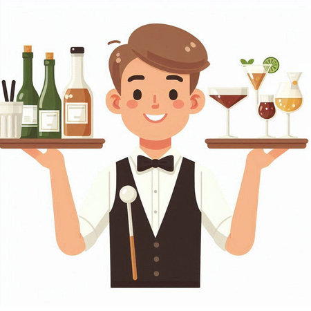 Illustration of a waiter holding a tray full of drinks and cocktailsのイラスト素材