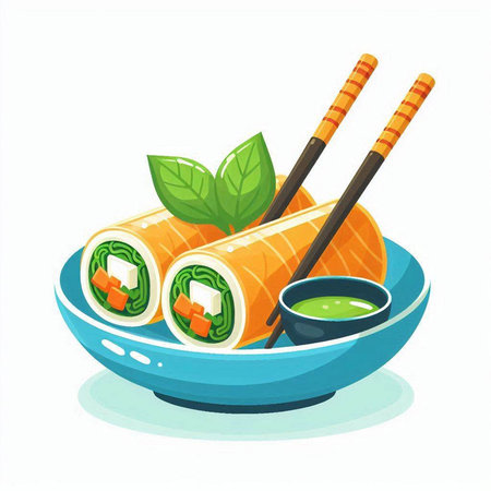 Sushi roll in bowl with chopsticks and sauce. Vector illustration.のイラスト素材