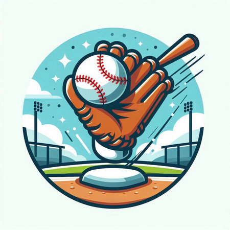 Baseball emblem. Vector illustration of a baseball glove and ball on a baseball field.のイラスト素材
