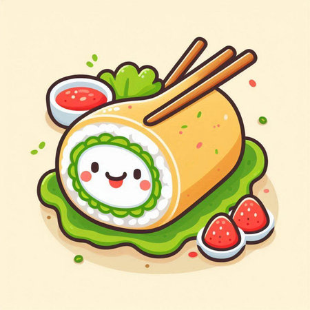 Illustration of a cute sushi roll with chopsticks and wasabiのイラスト素材