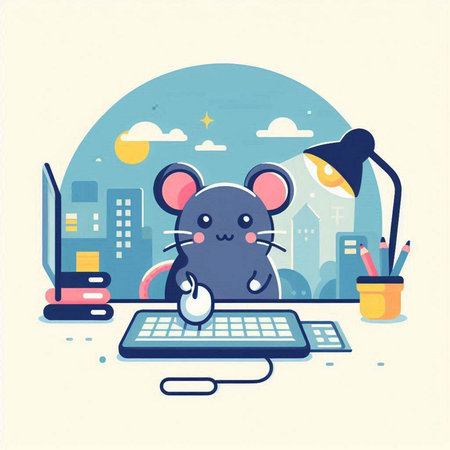 Mouse working at home. Vector illustration in flat style. The mouse is sitting at the computer.のイラスト素材