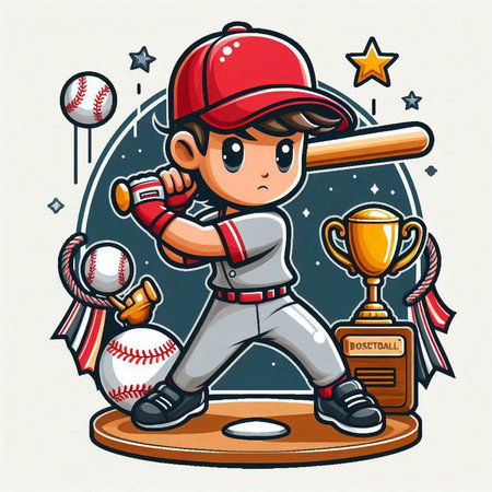 Baseball player with ball and trophy. Vector clip art illustration.のイラスト素材