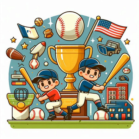 Baseball team with trophy cup and baseball bats. Vector illustration.のイラスト素材