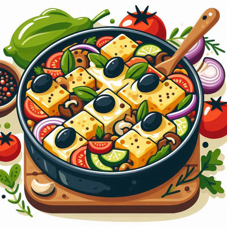 Illustration of a Tofu with Olives and Vegetablesのイラスト素材