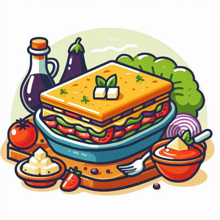Illustration of a lasagna on a plate with sauce and ingredientsのイラスト素材