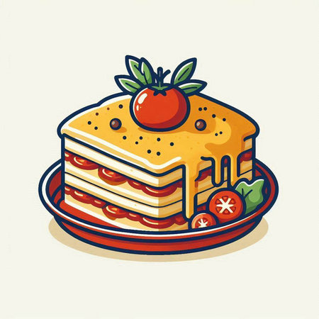 Piece of lasagna on a plate, hand drawn vector illustrationのイラスト素材