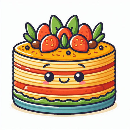 Cute pancake cake with strawberry on white background. Vector illustration.のイラスト素材