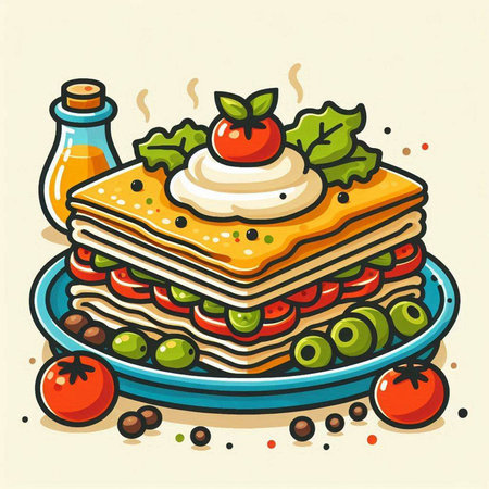 Pancakes with vegetables and sour cream on a plate. Vector illustration.のイラスト素材