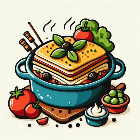 Illustration of a stack of lasagna in a saucepan.のイラスト素材